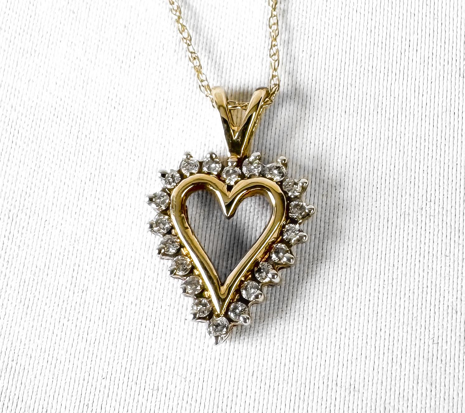 Vintage 10K Yellow Gold Diamond Heart 19 Inch Necklace, Simple Dainty Everyday Minimalist Necklace