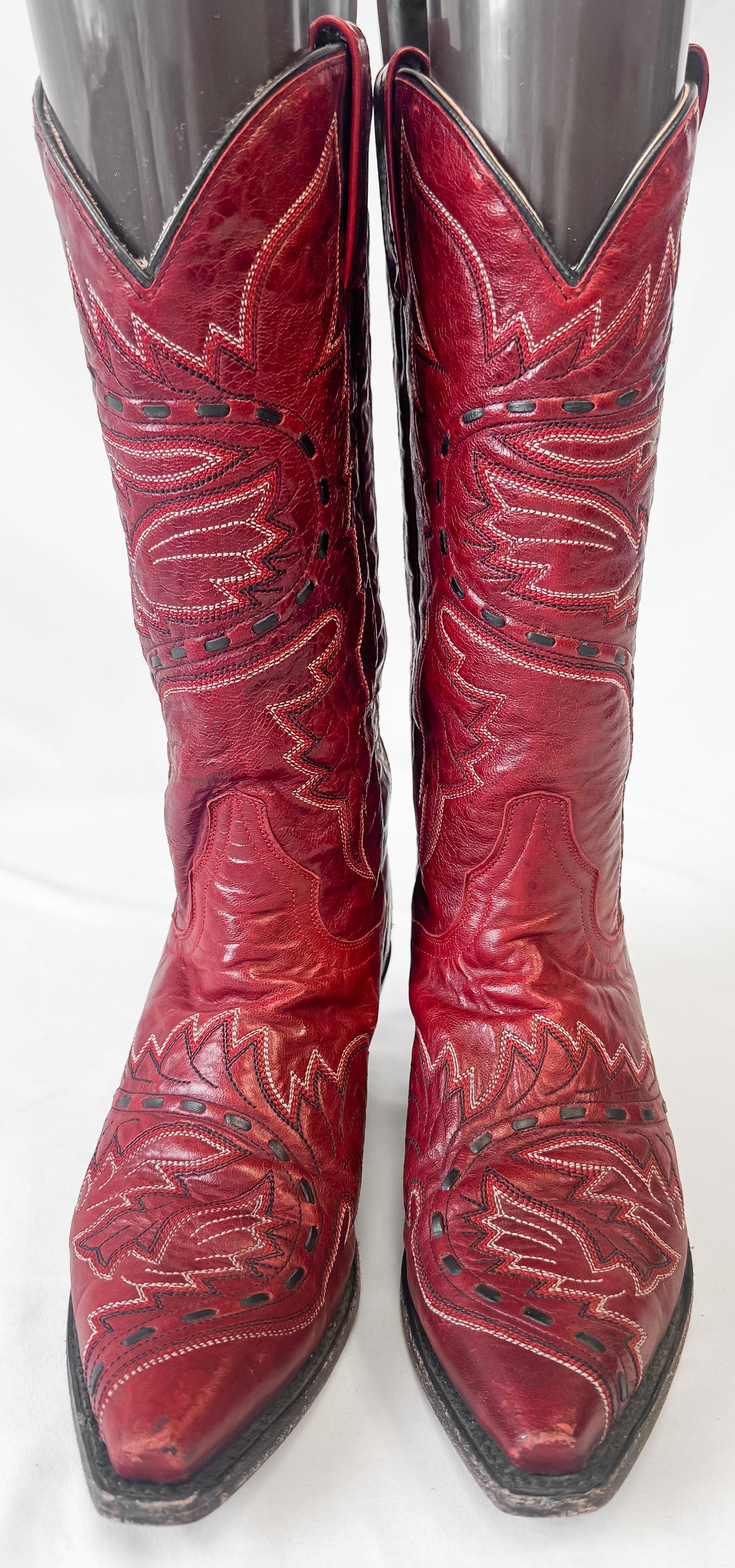 Vintage Style Dan Post Sidewinder Red Embroidered Snip Toe Cowboy Boots, Women's Sz. 7.5M, Style 3455, Western Boho Festival Style Boots
