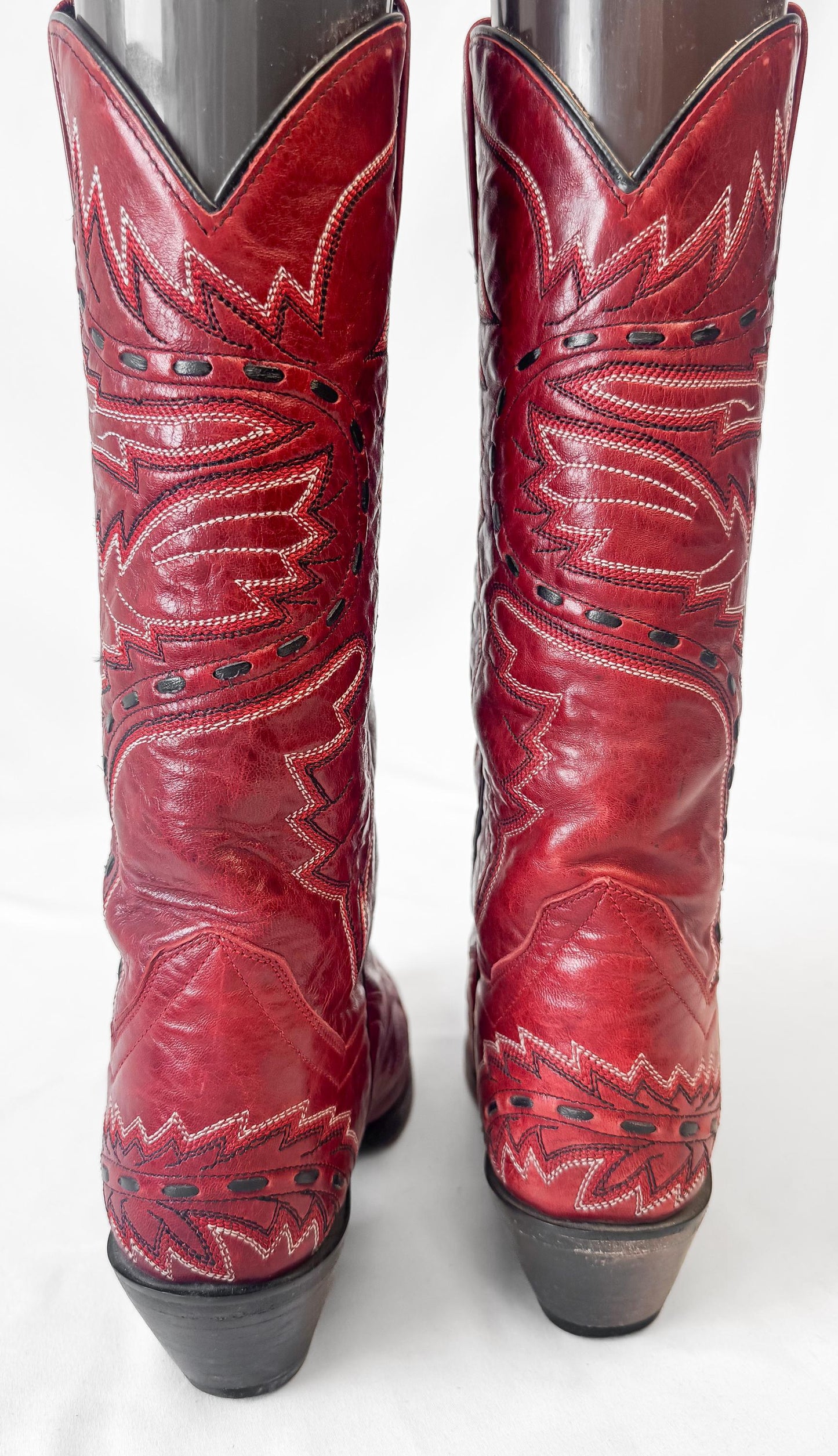 Vintage Style Dan Post Sidewinder Red Embroidered Snip Toe Cowboy Boots, Women's Sz. 7.5M, Style 3455, Western Boho Festival Style Boots