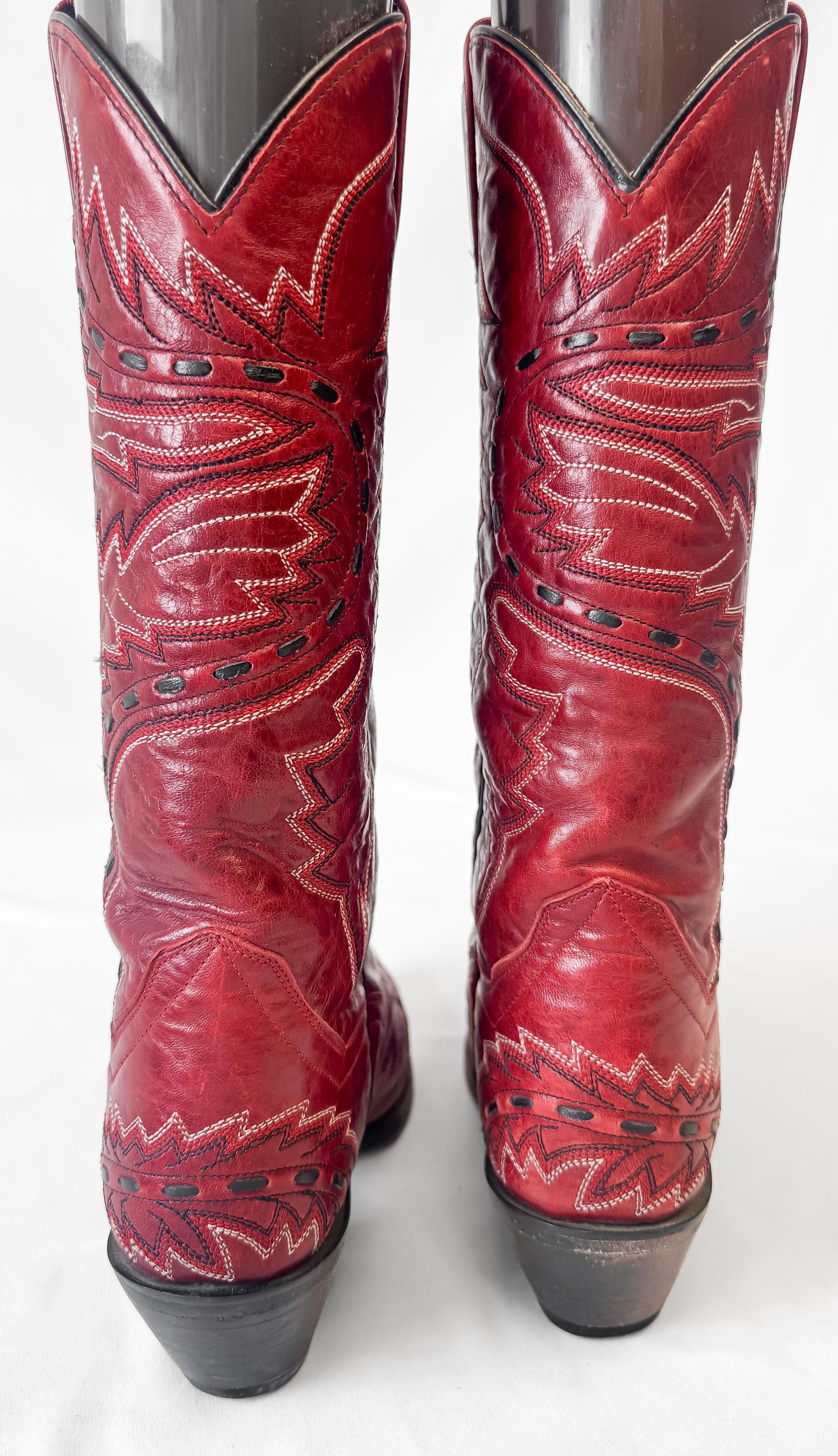 Vintage Style Dan Post Sidewinder Red Embroidered Snip Toe Cowboy Boots, Women's Sz. 7.5M, Style 3455, Western Boho Festival Style Boots