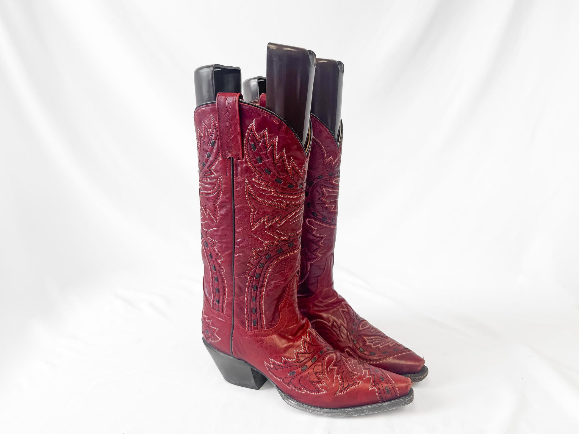 Vintage Style Dan Post Sidewinder Red Embroidered Snip Toe Cowboy Boots, Women's Sz. 7.5M, Style 3455, Western Boho Festival Style Boots