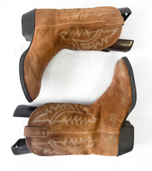 Vintage Style Tony Lama Brown Tan Suede Embroidered Cowboy Boots, Men's Sz. 13D