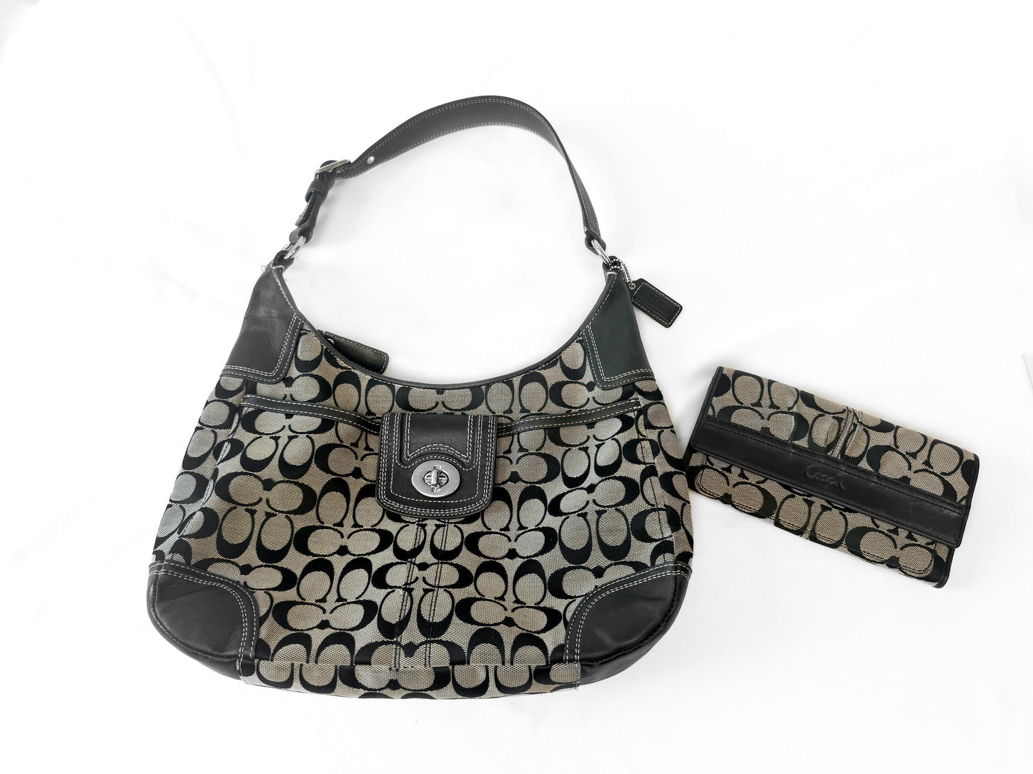 Y2K Coach Signature Hampton Hobo Beige Black Shoulder Bag with Matching Wallet, Style 13971