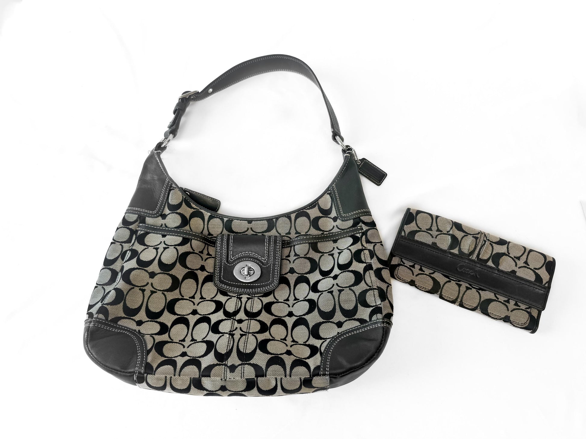Y2K Coach Signature Hampton Hobo Beige Black Shoulder Bag with Matching Wallet, Style 13971