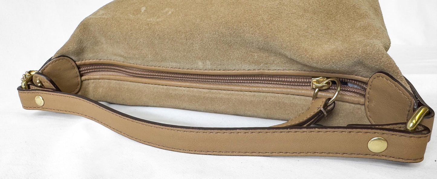 Y2K 00s Coach Suede Tan Beige Embossed Logo Top Handle Mini Bag