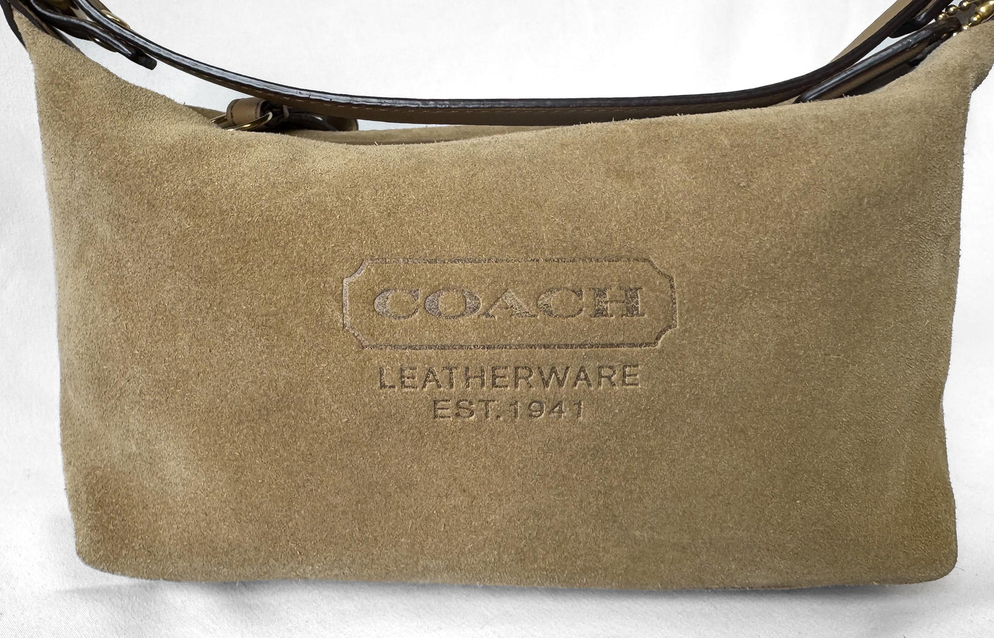 Y2K 00s Coach Suede Tan Beige Embossed Logo Top Handle Mini Bag