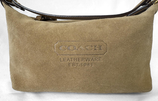 Y2K 00s Coach Suede Tan Beige Embossed Logo Top Handle Mini Bag