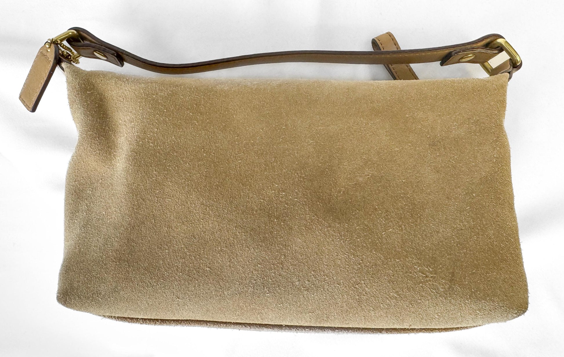 Y2K 00s Coach Suede Tan Beige Embossed Logo Top Handle Mini Bag