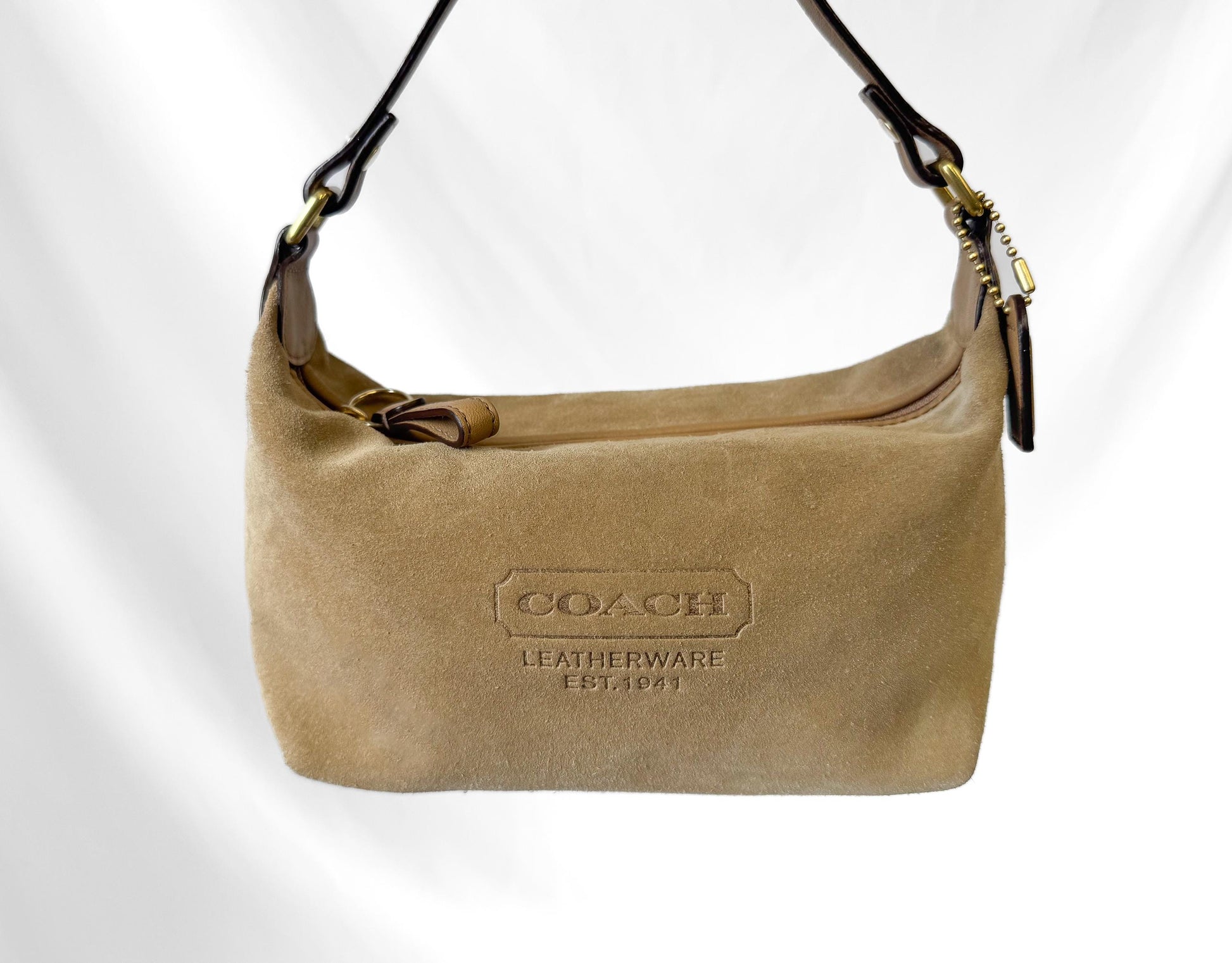 Y2K 00s Coach Suede Tan Beige Embossed Logo Top Handle Mini Bag