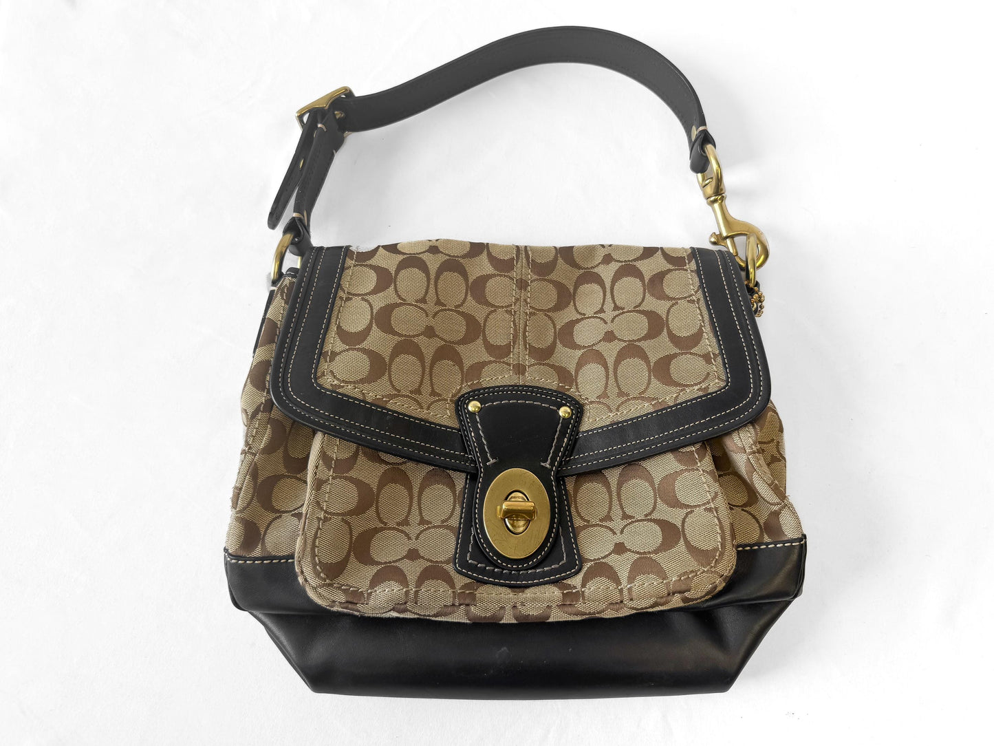 Y2K 00s Vintage Coach Ali Legacy Turnlock Beige Khaki Black Shoulder Bag, Style 12857
