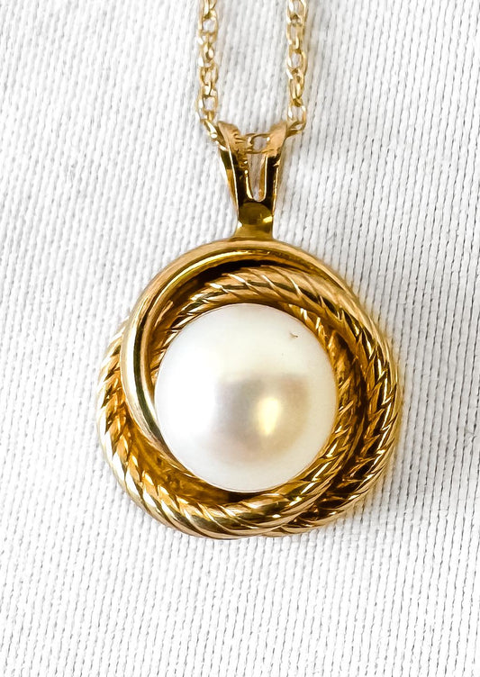 10K Yellow Gold Round Knotted Twist Pearl Pendant Necklace on 10K 19" Chain, Simple Elegant Minimalist Bridal Style Necklace