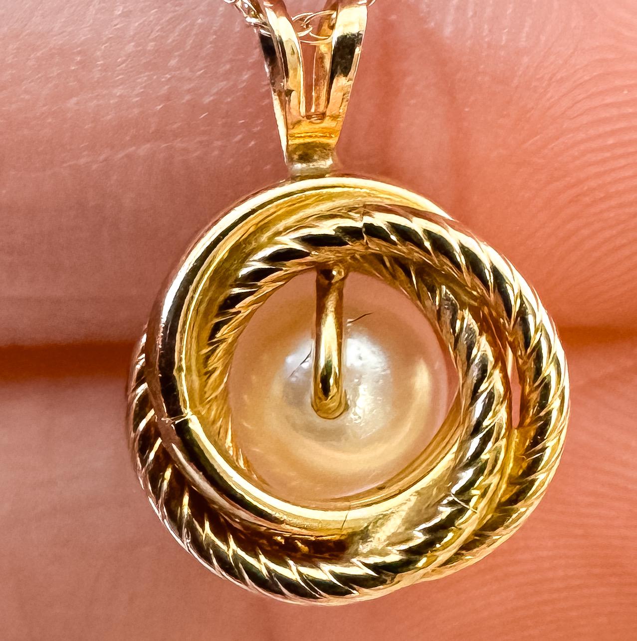 10K Yellow Gold Round Knotted Twist Pearl Pendant Necklace on 10K 19" Chain, Simple Elegant Minimalist Bridal Style Necklace