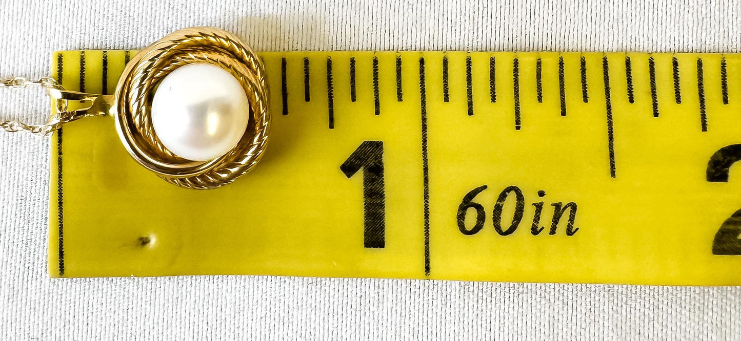 10K Yellow Gold Round Knotted Twist Pearl Pendant Necklace on 10K 19" Chain, Simple Elegant Minimalist Bridal Style Necklace
