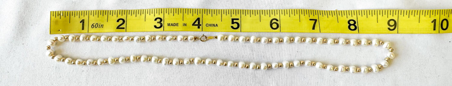 14K Yellow Gold Freshwater Pearl Gold Ball Beaded 18" Necklace, Simple Everyday Elegant Beachy Coastal Bridal Pearl Necklace