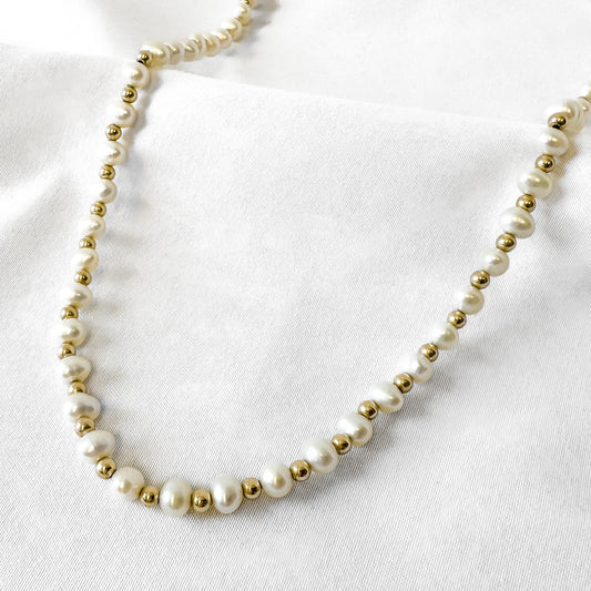 14K Yellow Gold Freshwater Pearl Gold Ball Beaded 18" Necklace, Simple Everyday Elegant Beachy Coastal Bridal Pearl Necklace