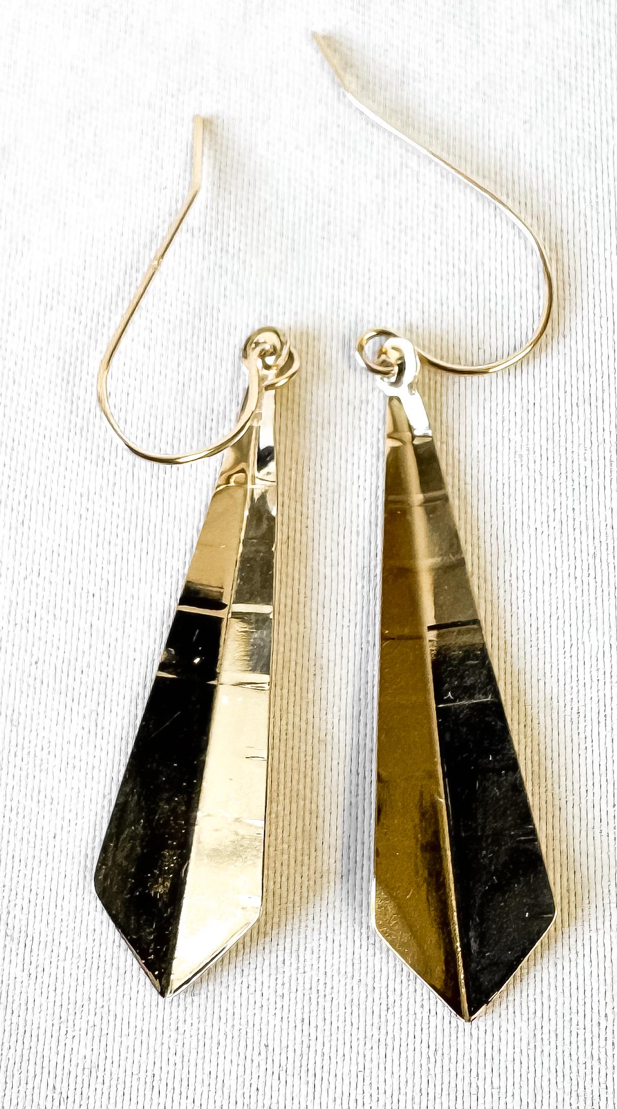 14K Tri-Color Striped Rhombus Dangle Earrings, 1.25 Inches, Unique Simple Dainty Earrings