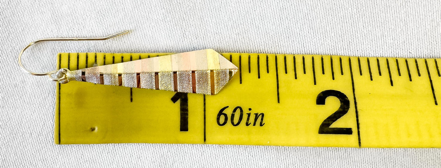14K Tri-Color Striped Rhombus Dangle Earrings, 1.25 Inches, Unique Simple Dainty Earrings