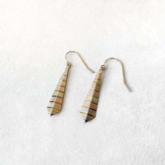 14K Tri-Color Striped Rhombus Dangle Earrings, 1.25 Inches, Unique Simple Dainty Earrings