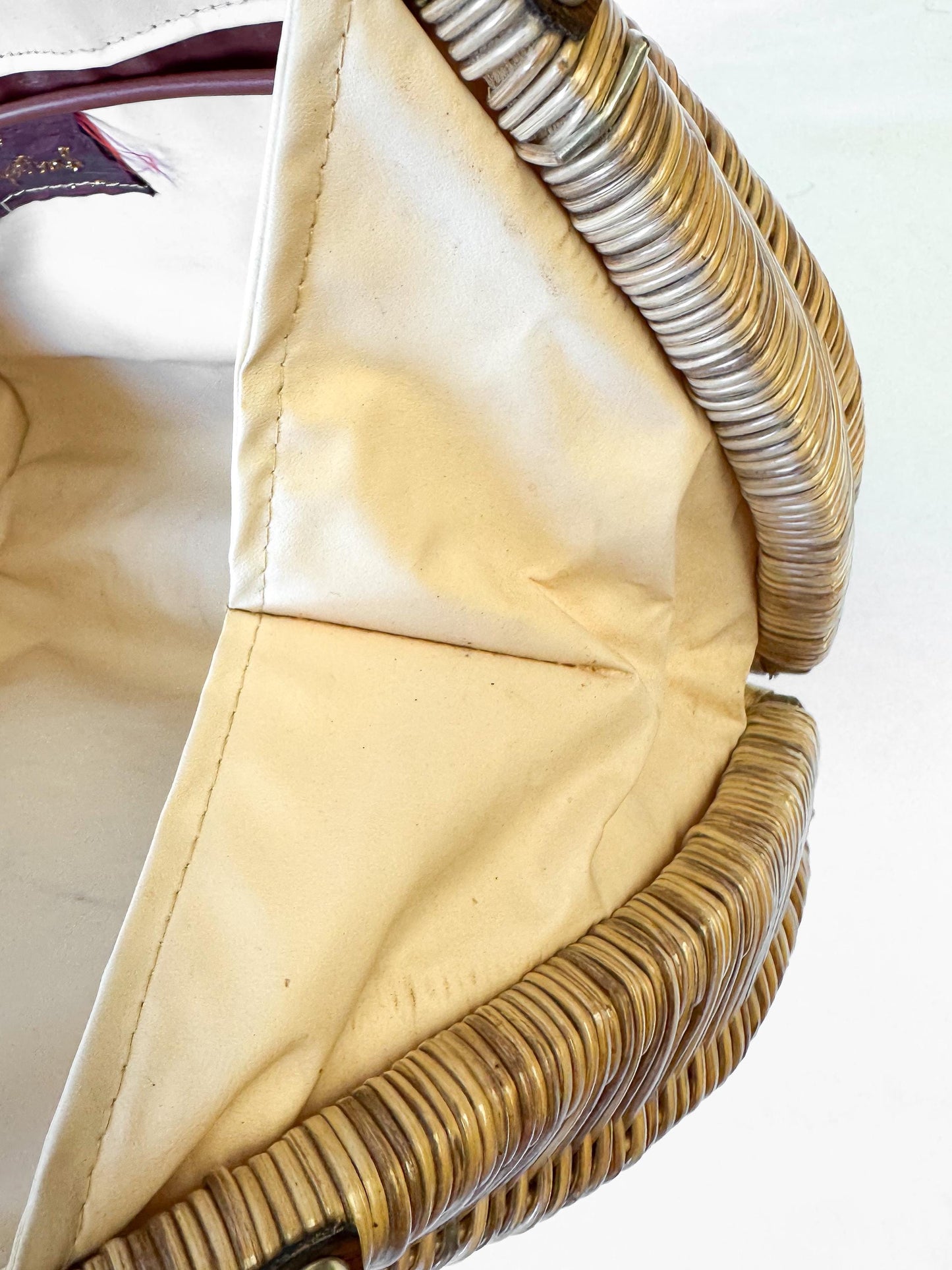 Vintage 60s Wicker Raffia Leather Woven Top Handle Basket Bag, Unique Coquette Cottage Core Boho Handbag