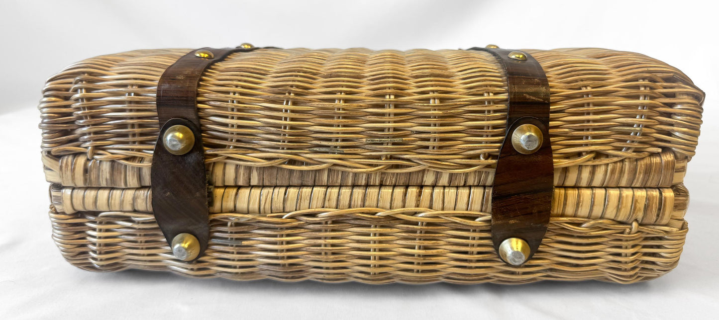 Vintage 60s Wicker Raffia Leather Woven Top Handle Basket Bag, Unique Coquette Cottage Core Boho Handbag