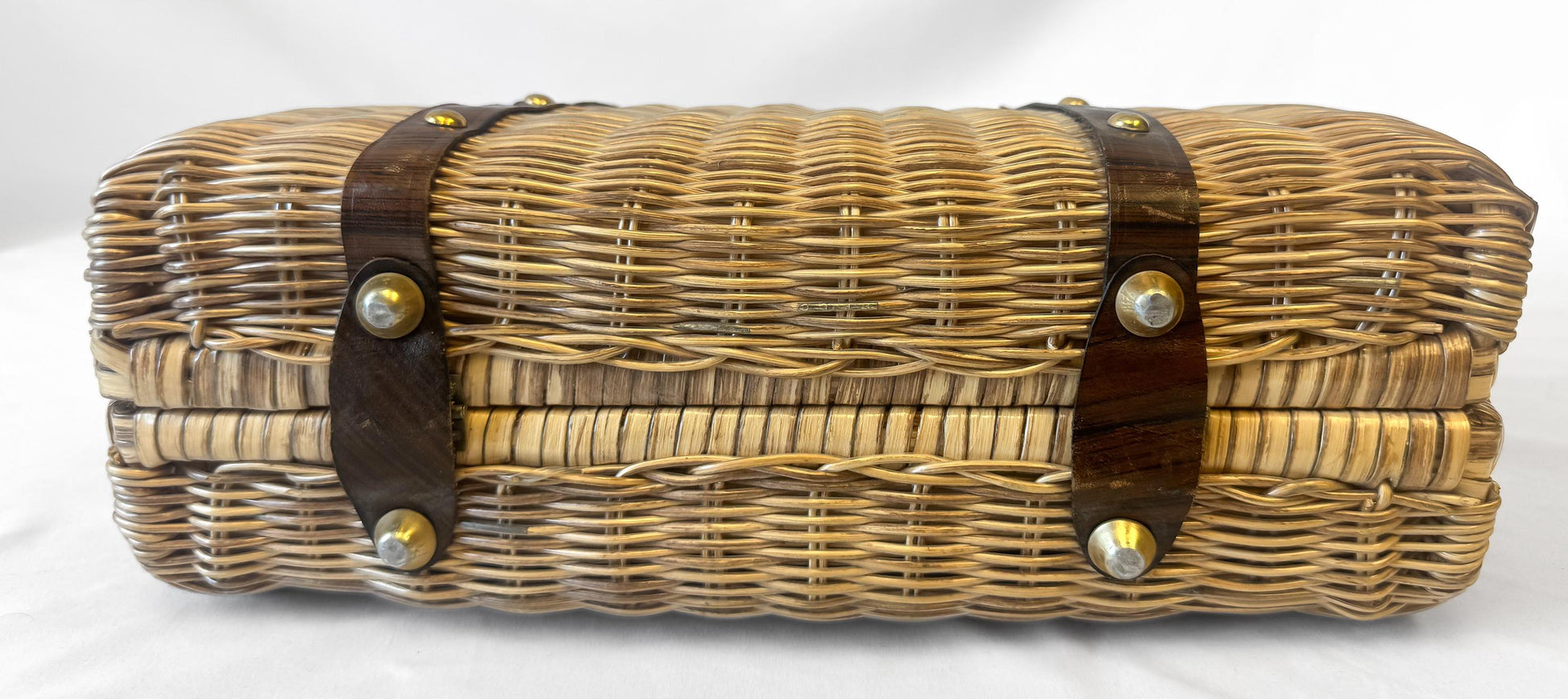 Vintage 60s Wicker Raffia Leather Woven Top Handle Basket Bag, Unique Coquette Cottage Core Boho Handbag