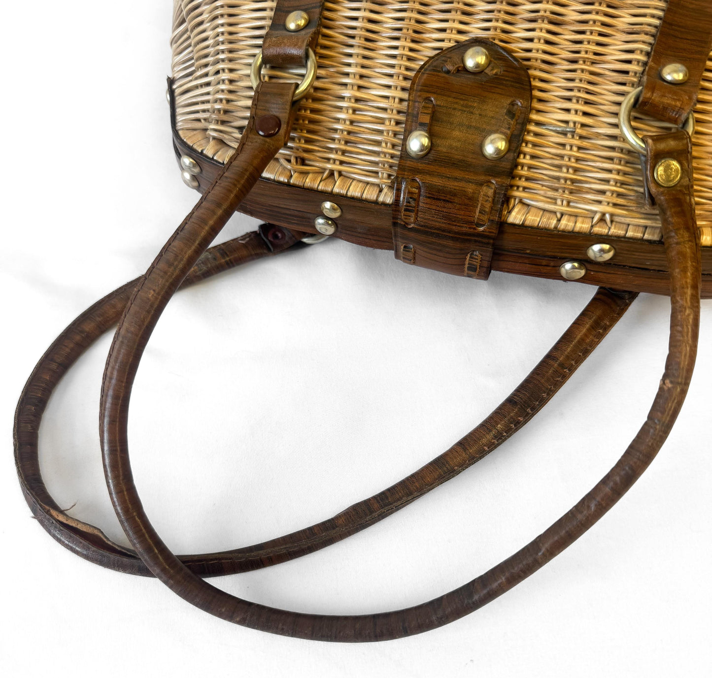 Vintage 60s Wicker Raffia Leather Woven Top Handle Basket Bag, Unique Coquette Cottage Core Boho Handbag
