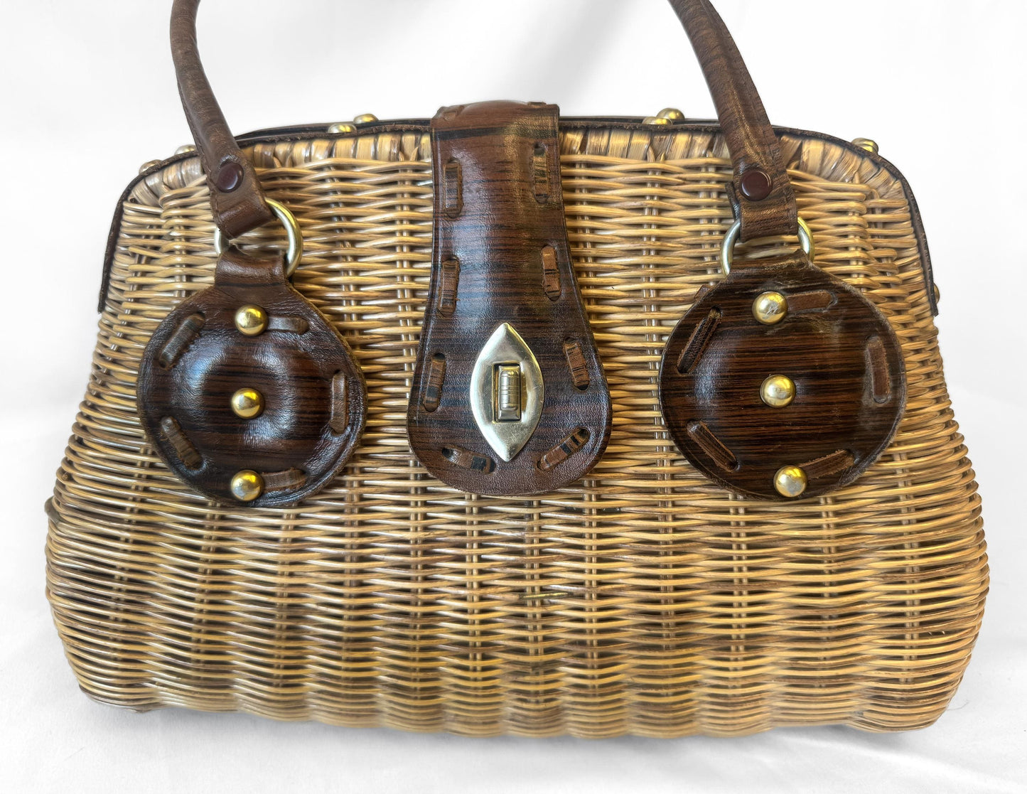 Vintage 60s Wicker Raffia Leather Woven Top Handle Basket Bag, Unique Coquette Cottage Core Boho Handbag