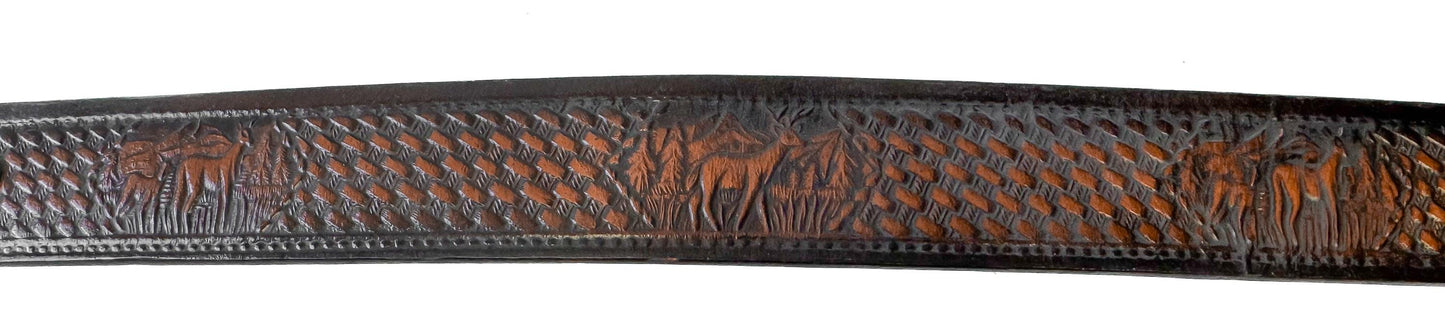 Vintage John Deere Tractor Deer Leather Tooled Belt, Sz. 32"- 42"