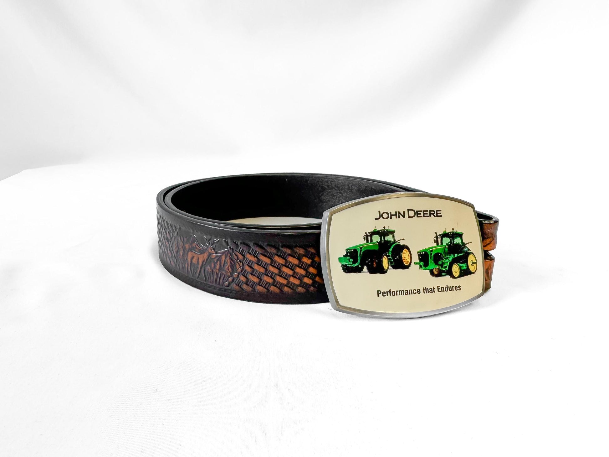Vintage John Deere Tractor Deer Leather Tooled Belt, Sz. 32"- 42"