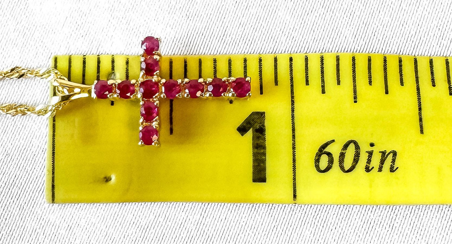 14K Yellow Gold Ruby Cross Pendant on an 18 Inch 14K Chain, Elegant Simple Cross Necklace