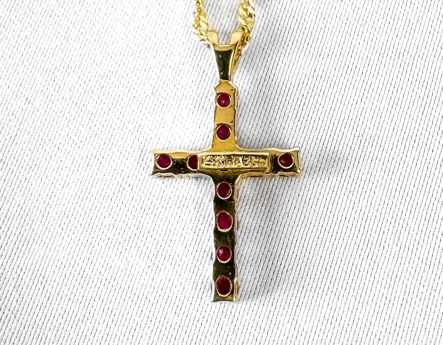 14K Yellow Gold Ruby Cross Pendant on an 18 Inch 14K Chain, Elegant Simple Cross Necklace