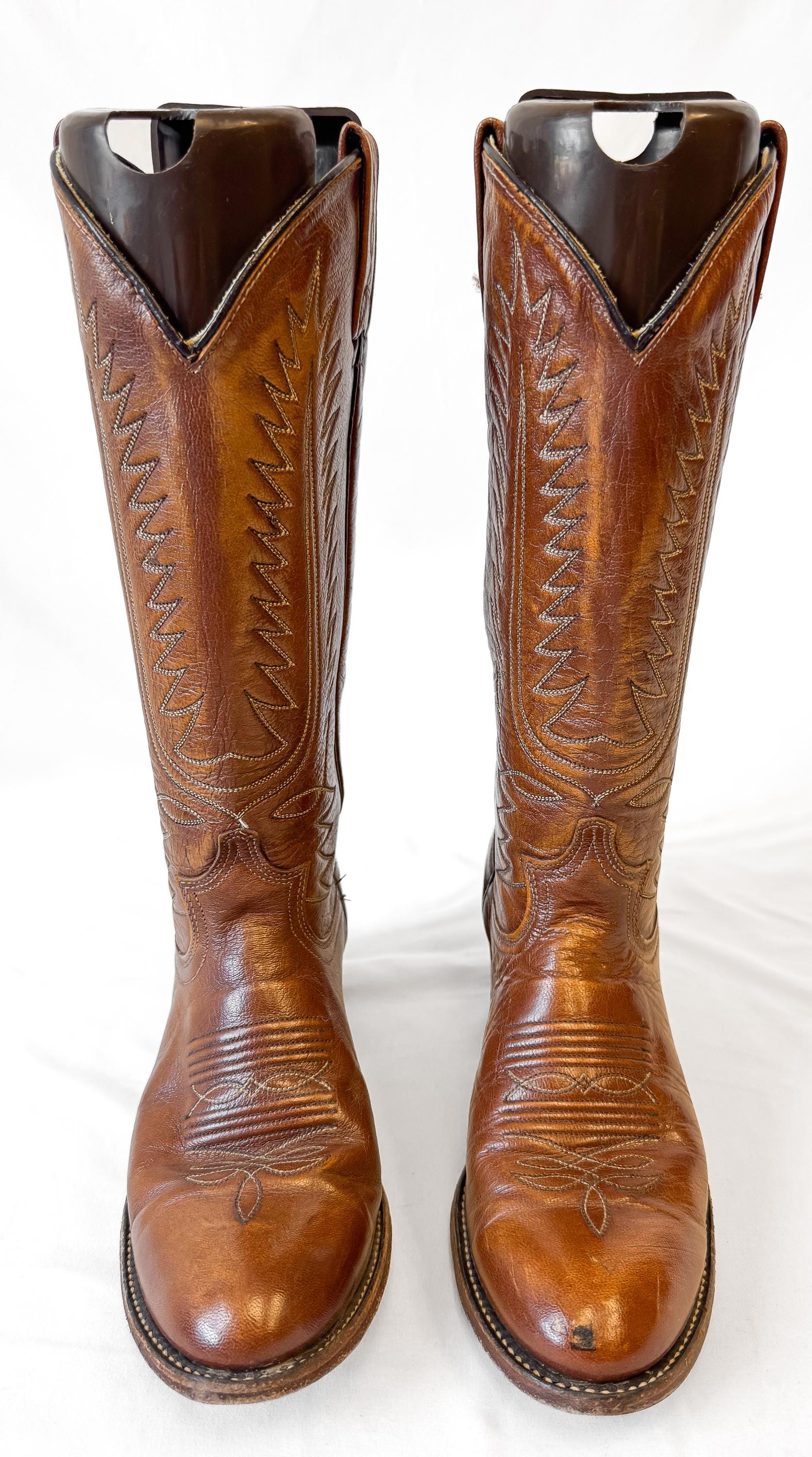 Vintage 70s Dan Post Brown Leather Embroidered Cowboy Boots, Women's Sz. 7.5C, Unique Western Festival Cowgirl Boots
