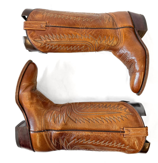 Vintage 70s Dan Post Brown Leather Embroidered Cowboy Boots, Women's Sz. 7.5C, Unique Western Festival Cowgirl Boots