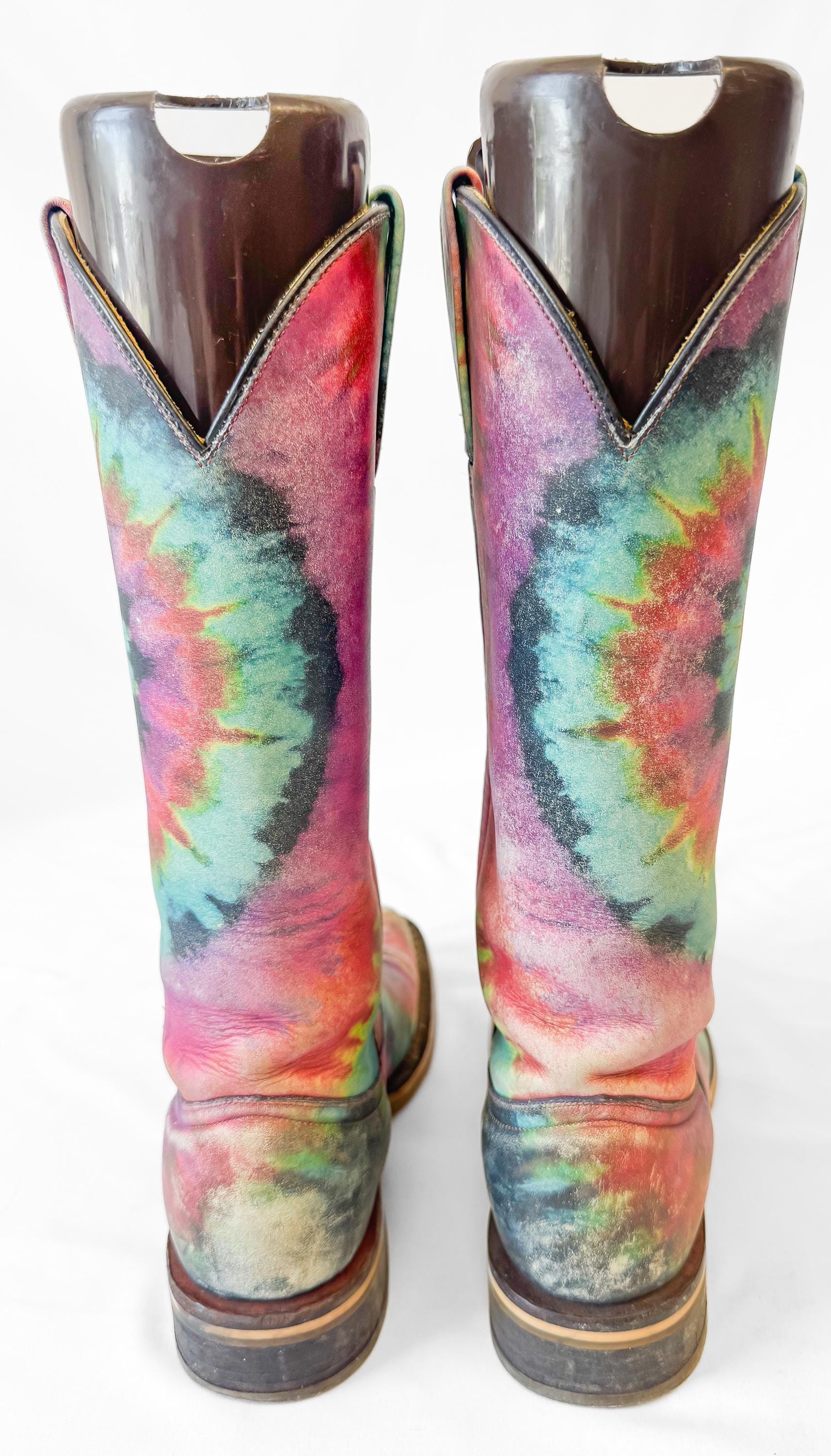 Unique Tin Haul Groovy Tie Dye Camper Sole Leather Square Toe Cowboy Boots, Women's Sz. 6, Statement Western Festival Hippie Boots