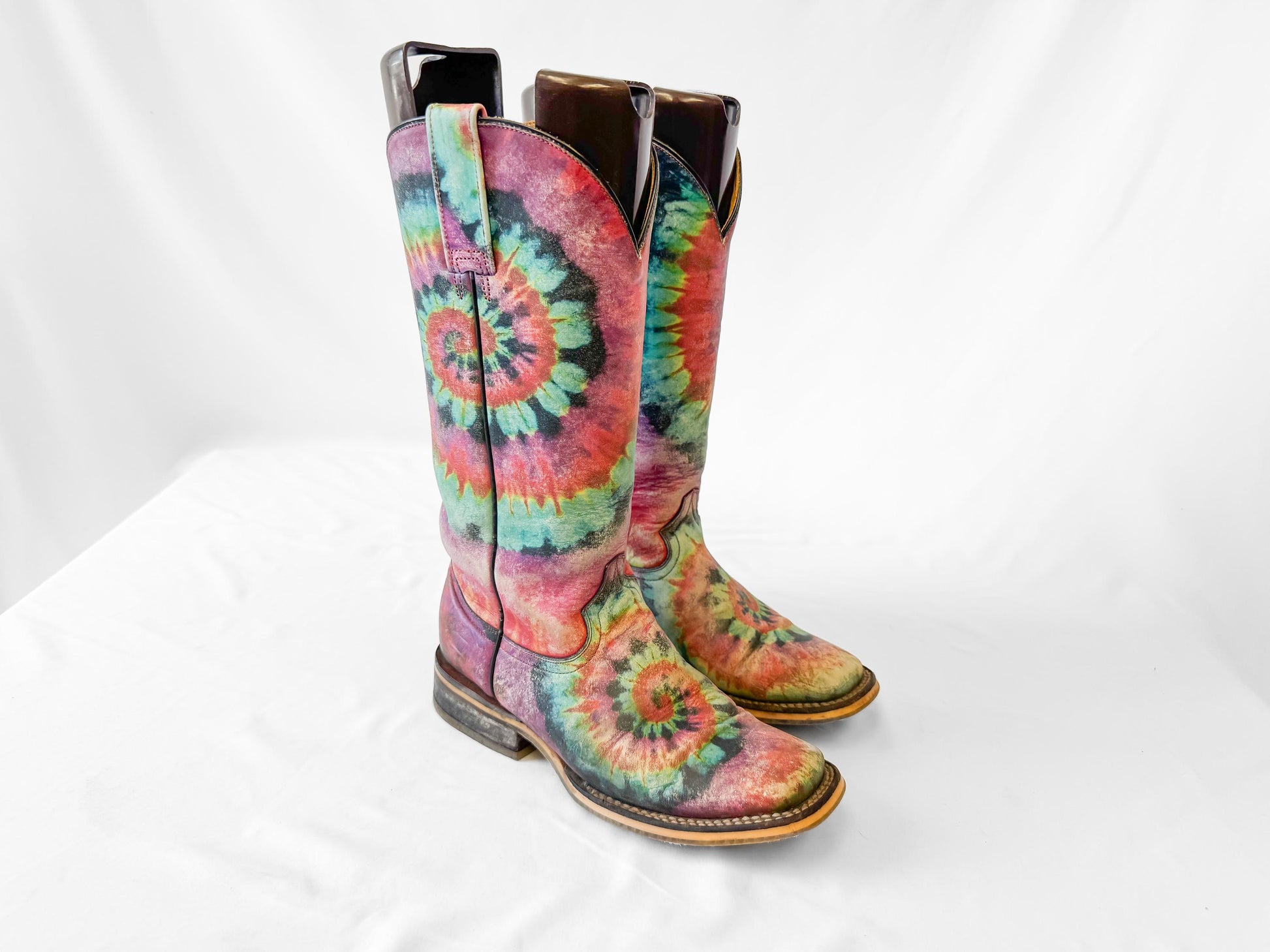 Unique Tin Haul Groovy Tie Dye Camper Sole Leather Square Toe Cowboy Boots, Women's Sz. 6, Statement Western Festival Hippie Boots
