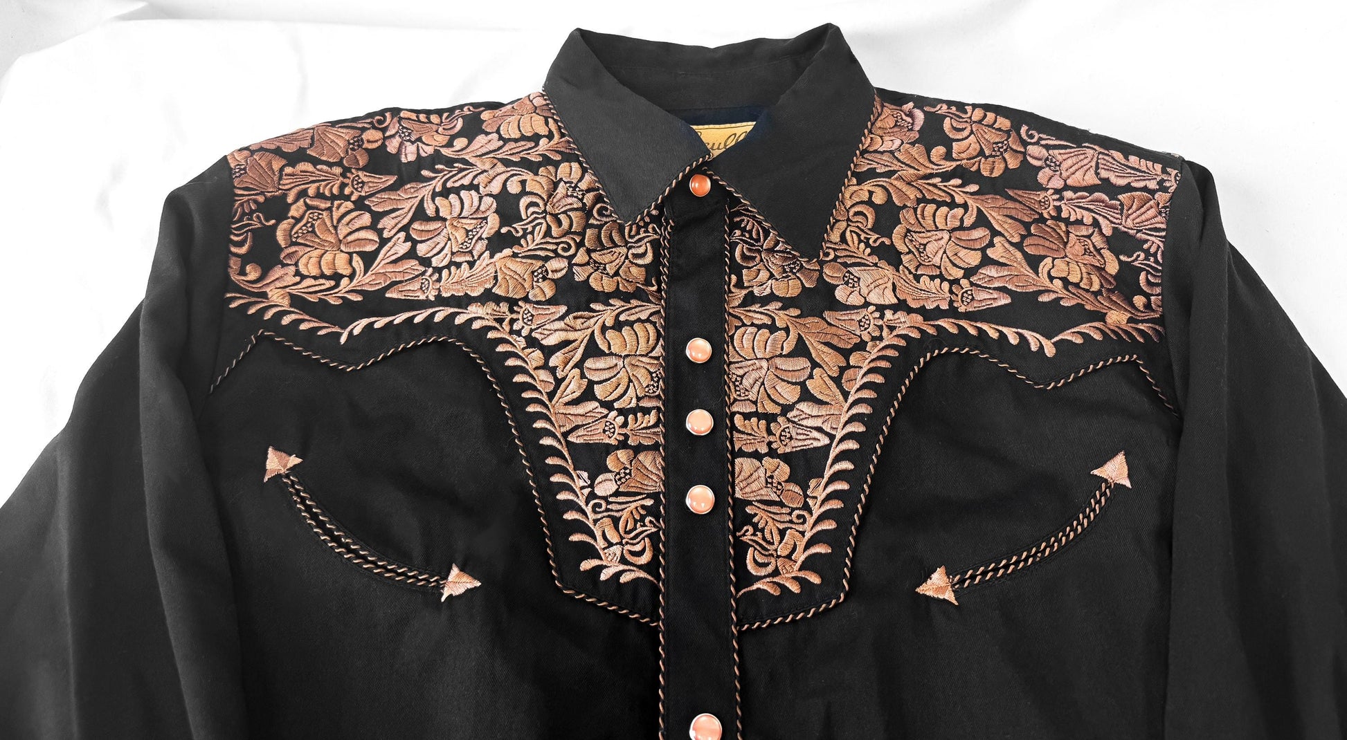 Vintage Style Scully Gunfighter Black Copper Floral Embroidered Button Down Oxford Shirt, Men's Sz. M