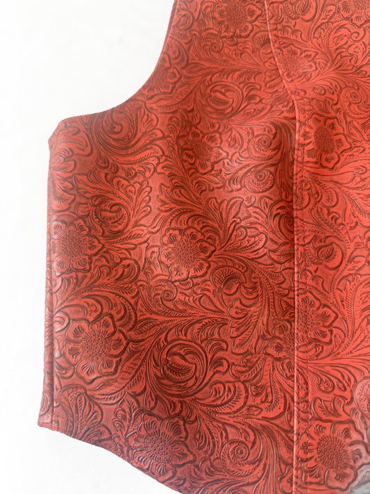 Coral Pink Floral Tooled Faux Leather Vest, Women's Sz. M, Unique Western Boho Statement Top