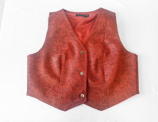 Coral Pink Floral Tooled Faux Leather Vest, Women's Sz. M, Unique Western Boho Statement Top