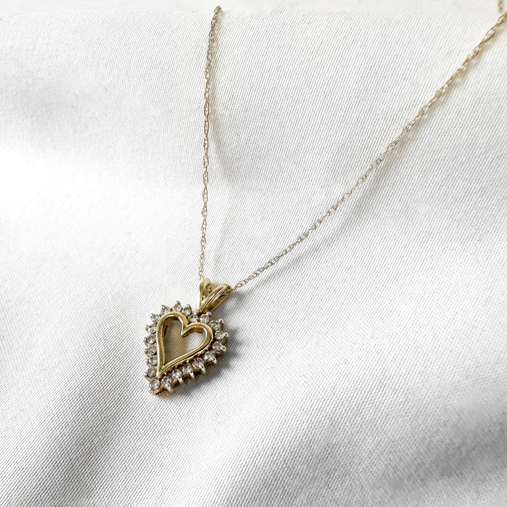Vintage 10K Yellow Gold Diamond Heart 19 Inch Necklace, Simple Dainty Everyday Minimalist Necklace
