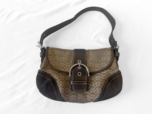 Y2K Coach Soho Brown Beige Suede Leather Trim Signature C Canvas Shoulder Bag, Style 6818