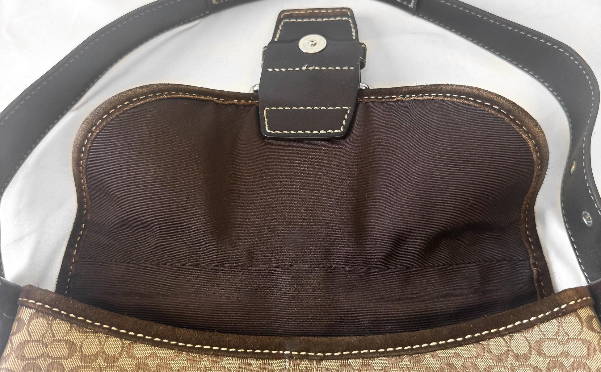 Y2K Coach Soho Brown Beige Suede Leather Trim Signature C Canvas Shoulder Bag, Style 6818