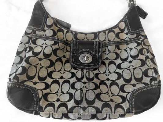 Y2K Coach Signature Hampton Hobo Beige Black Shoulder Bag with Matching Wallet, Style 13971