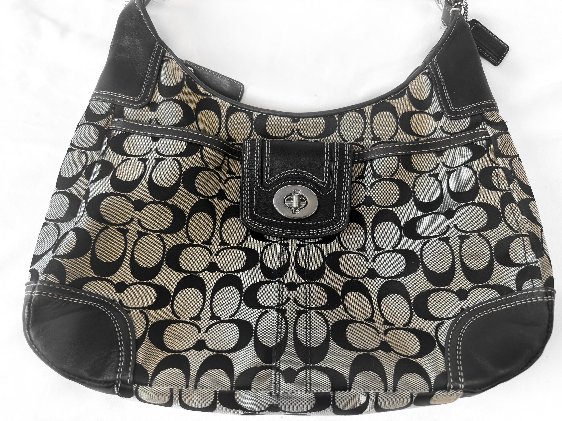 Y2K Coach Signature Hampton Hobo Beige Black Shoulder Bag with Matching Wallet, Style 13971
