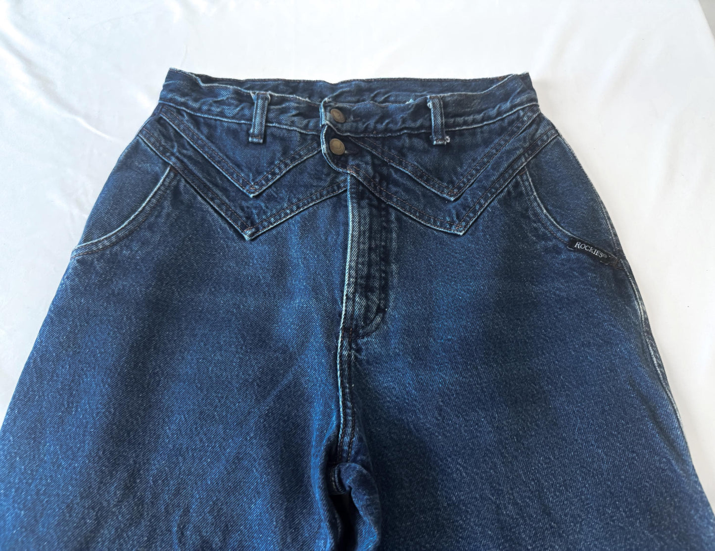 Vintage Rockies Medium/Dark Wash Pocketless Straight Leg Asymmetrical Chevron Yoke Jeans, Women's Sz. 29" x 32", Vintage Western Jeans