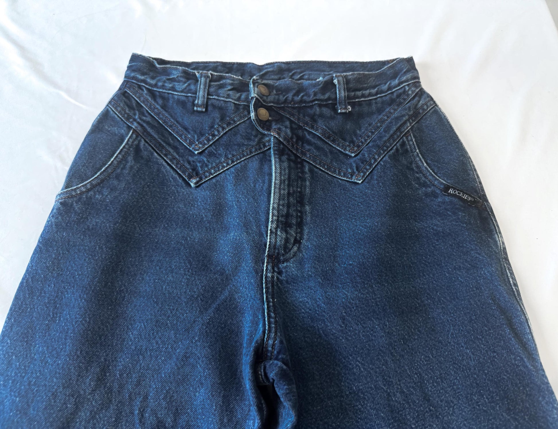 Vintage Rockies Medium/Dark Wash Pocketless Straight Leg Asymmetrical Chevron Yoke Jeans, Women's Sz. 29" x 32", Vintage Western Jeans