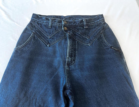 Vintage Rockies Medium/Dark Wash Pocketless Straight Leg Asymmetrical Chevron Yoke Jeans, Women's Sz. 29" x 32", Vintage Western Jeans