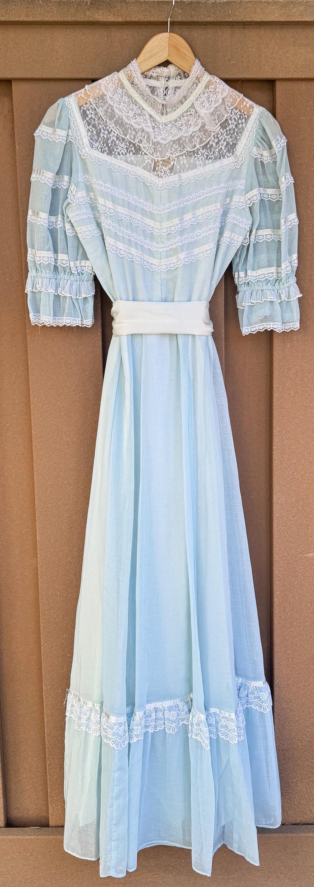 70s Gunne Sax Baby Blue High Neck Lace Pearl Detail Ribbon Tie Maxi Dress, Sz. 2-4, Vintage Victorian Edwardian Coquette Cottage Core Dress