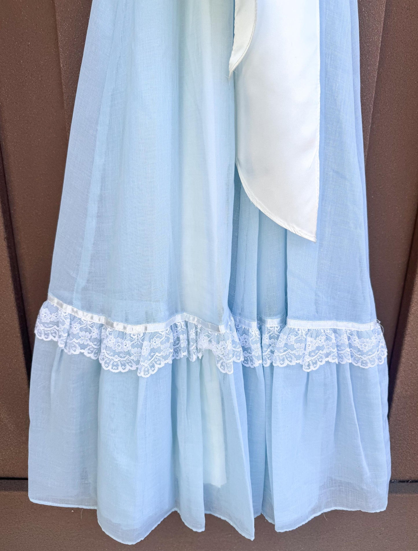 70s Gunne Sax Baby Blue High Neck Lace Pearl Detail Ribbon Tie Maxi Dress, Sz. 2-4, Vintage Victorian Edwardian Coquette Cottage Core Dress
