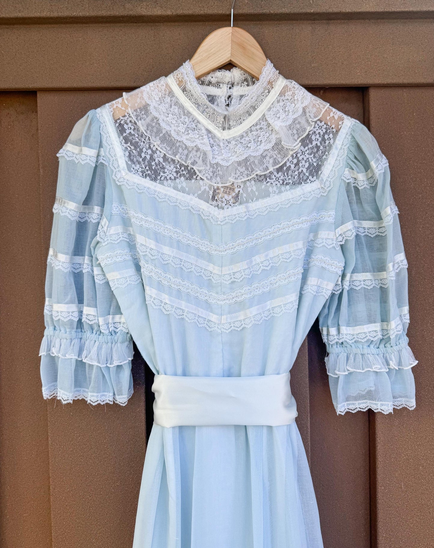 70s Gunne Sax Baby Blue High Neck Lace Pearl Detail Ribbon Tie Maxi Dress, Sz. 2-4, Vintage Victorian Edwardian Coquette Cottage Core Dress