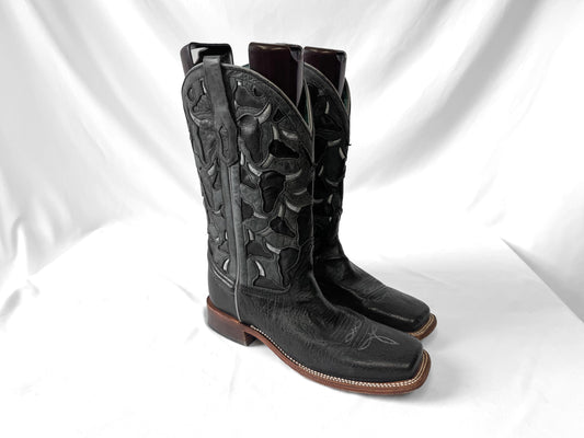 Vintage Style Corral Black Gray Longhorn Bull Inlay Smooth Ostrich Quill Leather Unisex Cowboy Boots Women's Sz 11D, Western Festival Boots